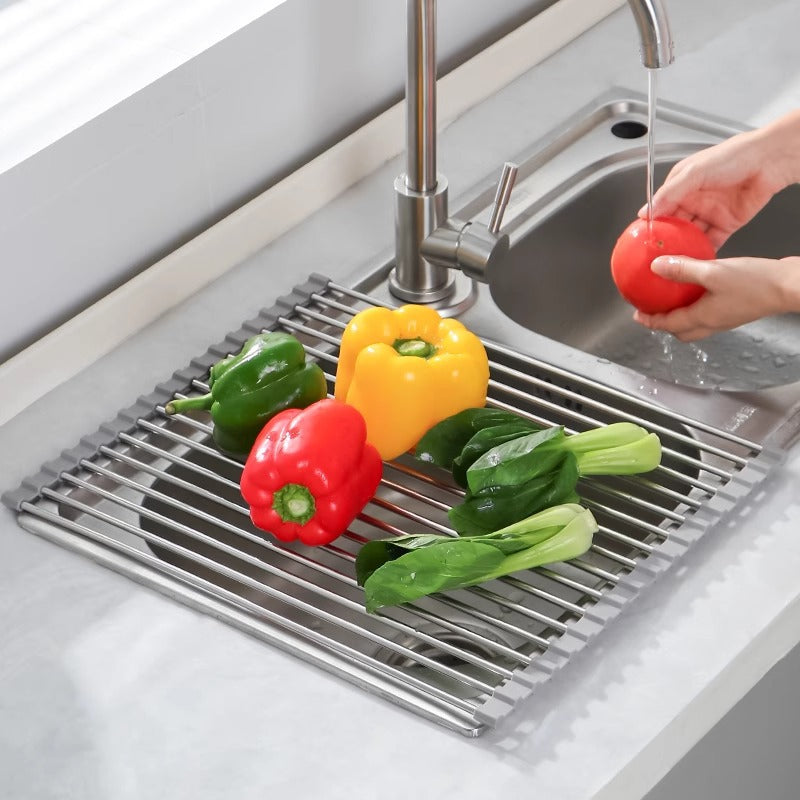 Cross-border sink folding stainless steel drain rack kitchen multi-function bowl and plate storage vegetable and fruit drain curtain